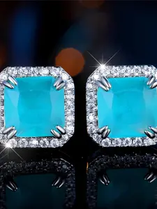 Cute Female Square Stone Stud Earrings Silver Color Zirconia Wedding Jewelry For Women