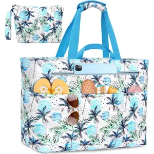 Beach Bags for Women,  Beach Tote Bag with Zipper and Wet Pocket, Foldable Swim Pool Bag