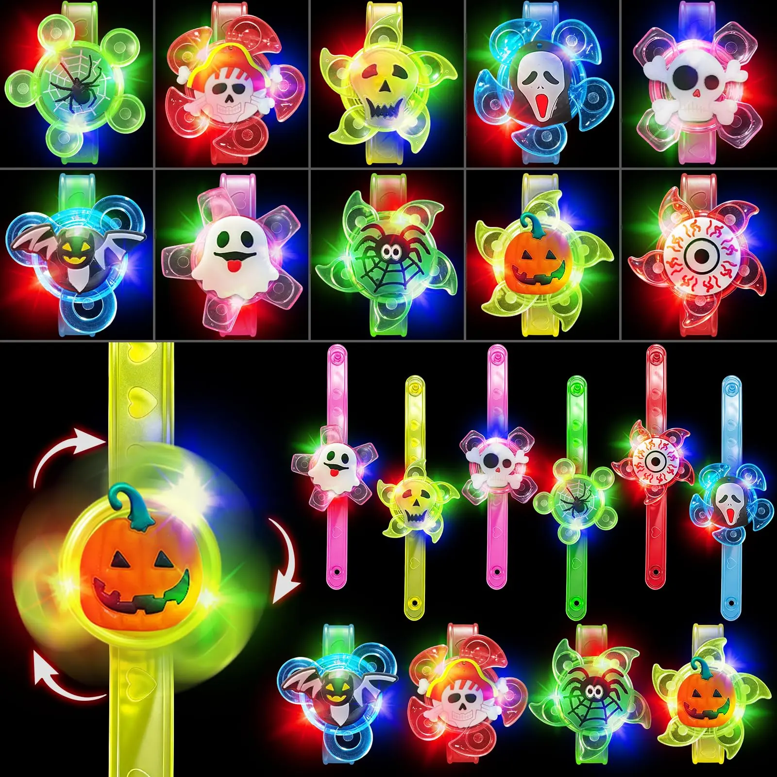 [ Rotating & 3 Modes] 20 Pack Halloween Spin Glow in the Dark Bracelets | Party Favors Fidget Toys Light Up Bracelets Bulk Halloween Theme Trick or Treat Toys for Classroom Prize Gifts Party Supplies Basket Eye