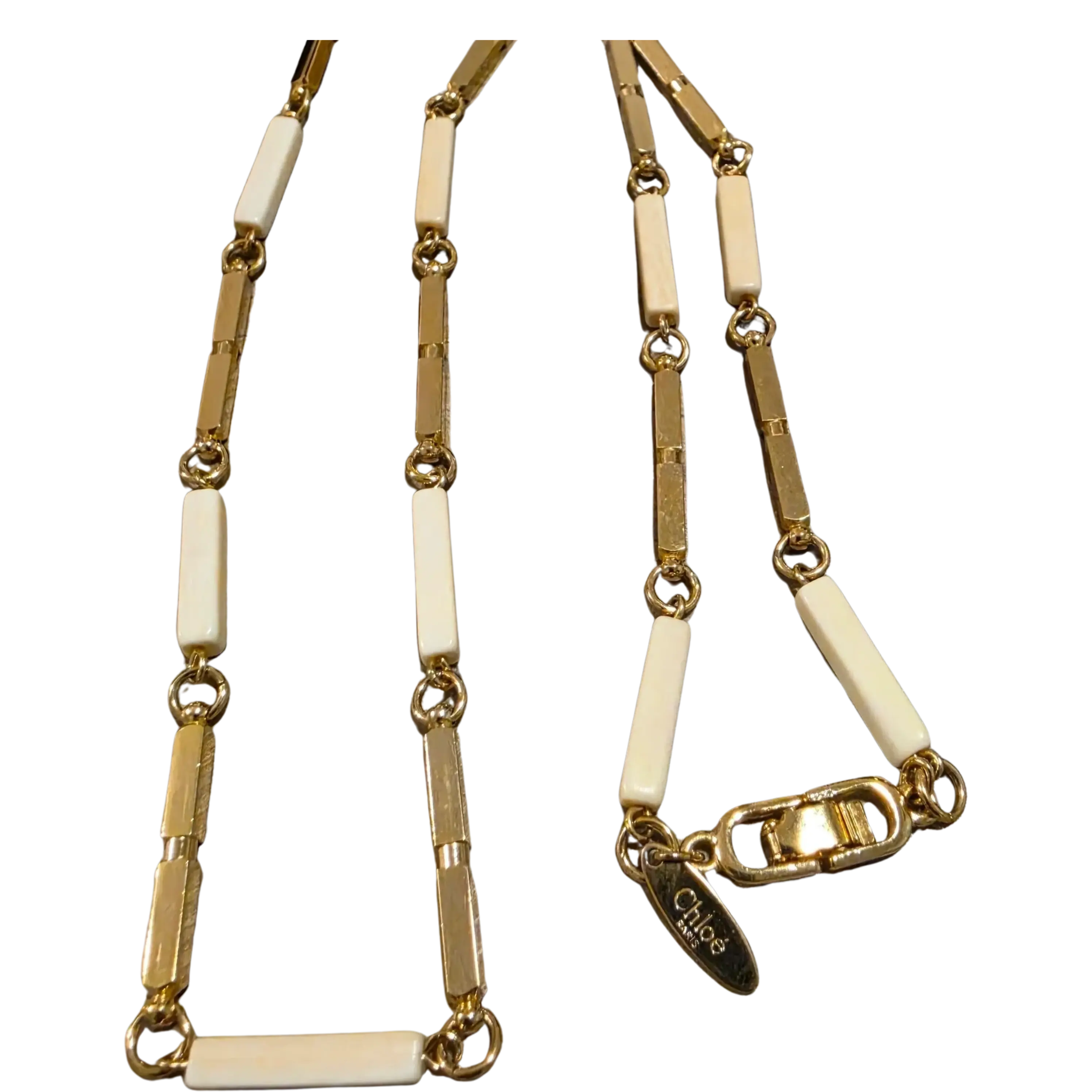 Pre-owned Chloe Bone Colored & Gold Bar Link Long Necklace 32in L1222