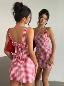 Y2K Cute Plaid Checkered Mini Halter Dress, Womenswear, Perfect for Young Girls' Concerts, Party, Graduation Dresses, Back-To-School Clothing