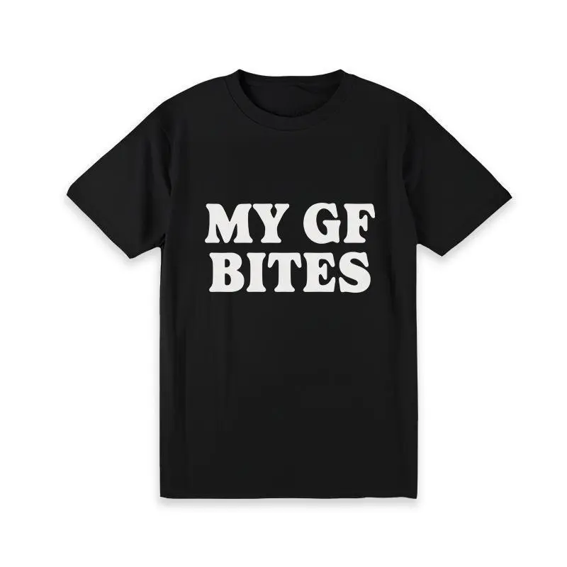Men's Graphic Sports T-Shirt with 'My Gf Bites' Funny Quote, Casual Loose Fit Polyester-Cotton Streetwear, Gag Gift for Boyfriends, Tshirt, Graphic Print