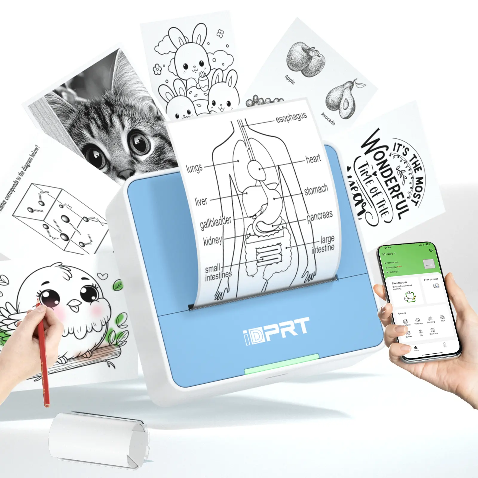 IDPRT S2 Mini Thermal Label Printer, Bluetooth Sticker Printer, Portable Inkless Label Maker with App Control for Home, Office, Journaling & DIY