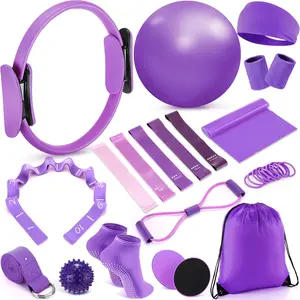 18 Pcs Pilates Ring Kit Home Pilates Ring Circle and Ball Set for Women Yoga Fitness Set with 5 Resistance Band Stretching Strap Non Slip Sock Ball Core Slider Wristband Headband Gym Bag