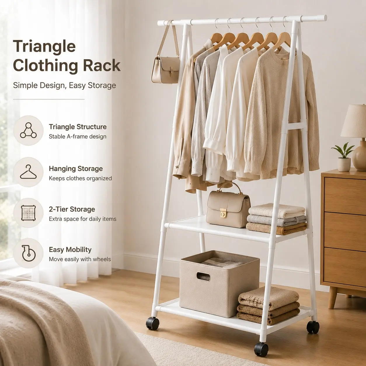 Triangular Hanging Clothes Rod, Metal Storage Rack for Room Organization