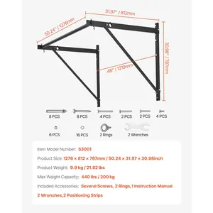 VEVOR Pull Up Bar, 50 in Width Wall Mounted Pull Ups, Adjustable Depth 22 or 30 from Wall, Heavy Duty Steel Upper Body Workout Bars, 440 lbs Weight Capacity Chin Up Training Station, for Home Gym