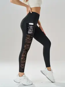 Women's High Waist Patchwork Mesh Yoga Pants, Athleisure Pants, Outdoor Fitness Long Leggings, Semi-Transparent Pockets, Sporty Tight-Fit Summer Wear
