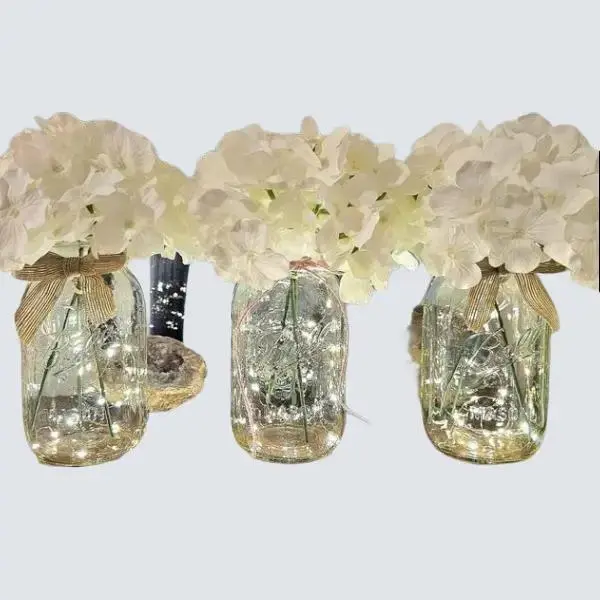 Romantic White Hydrangea Bouquets in Lighted Mason Jars for Weddings, Baby Shower, Bridal Shower & Farmhouse Decor