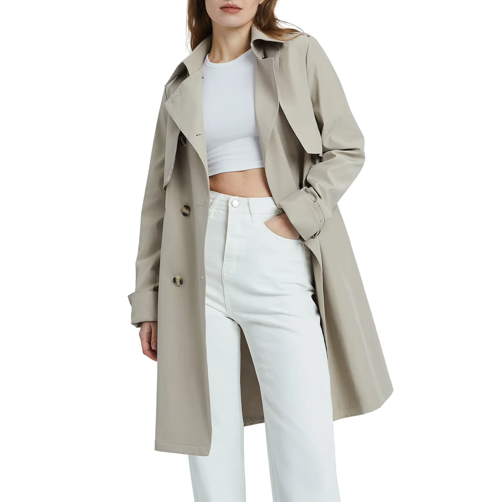 Orolay 3/4 Length Classic Women's Trench Coat Double-Breasted with Removable Vest Long Sleeve Womenswear Jackets Tops
