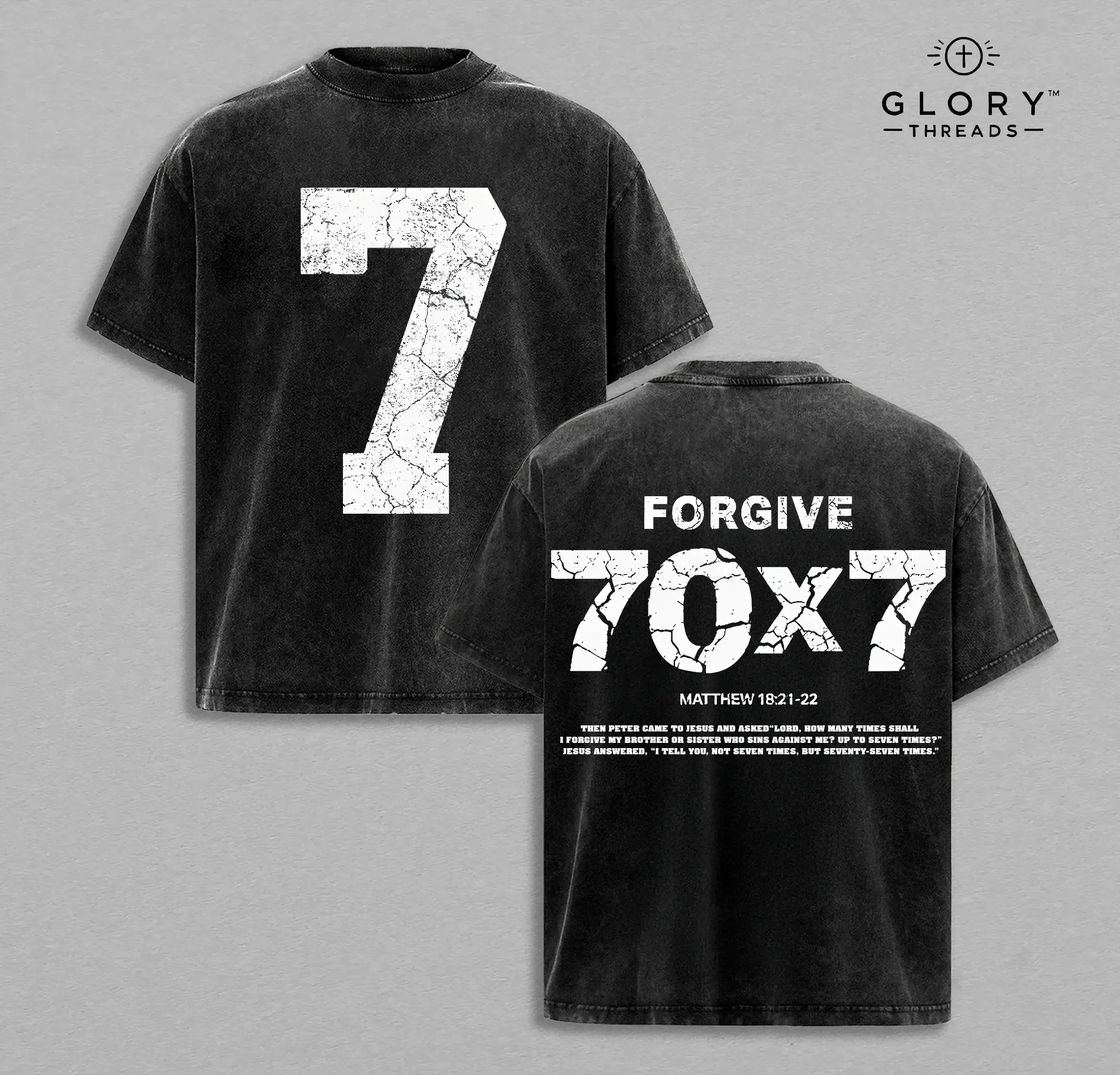 Unisex Oversized Heavyweight Ribbed Cotton T-Shirt - Matthew 18:21-22 Forgive 70x7 Double Printed Vintage Jesus Washed Menswear Apparel, Short-Sleeve Faith-Based Gym Pump Cover Bible Verse Christian Merch, Tshirt, Shortsleeve, Soft, Seamless, Fabric, Clas