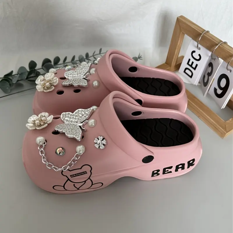 Casual Cartoon Bear Pattern Mules & Clogs for Women, Breathable EVA Platform Heel Clogs with Bow Embellishment, Versatile Indoor/Outdoor Fashion Footwear - Quanzhou Manufactured Girl Pink Walking Shoes Comfort Pu Flatform Knee Slipper Sandals Black Slide
