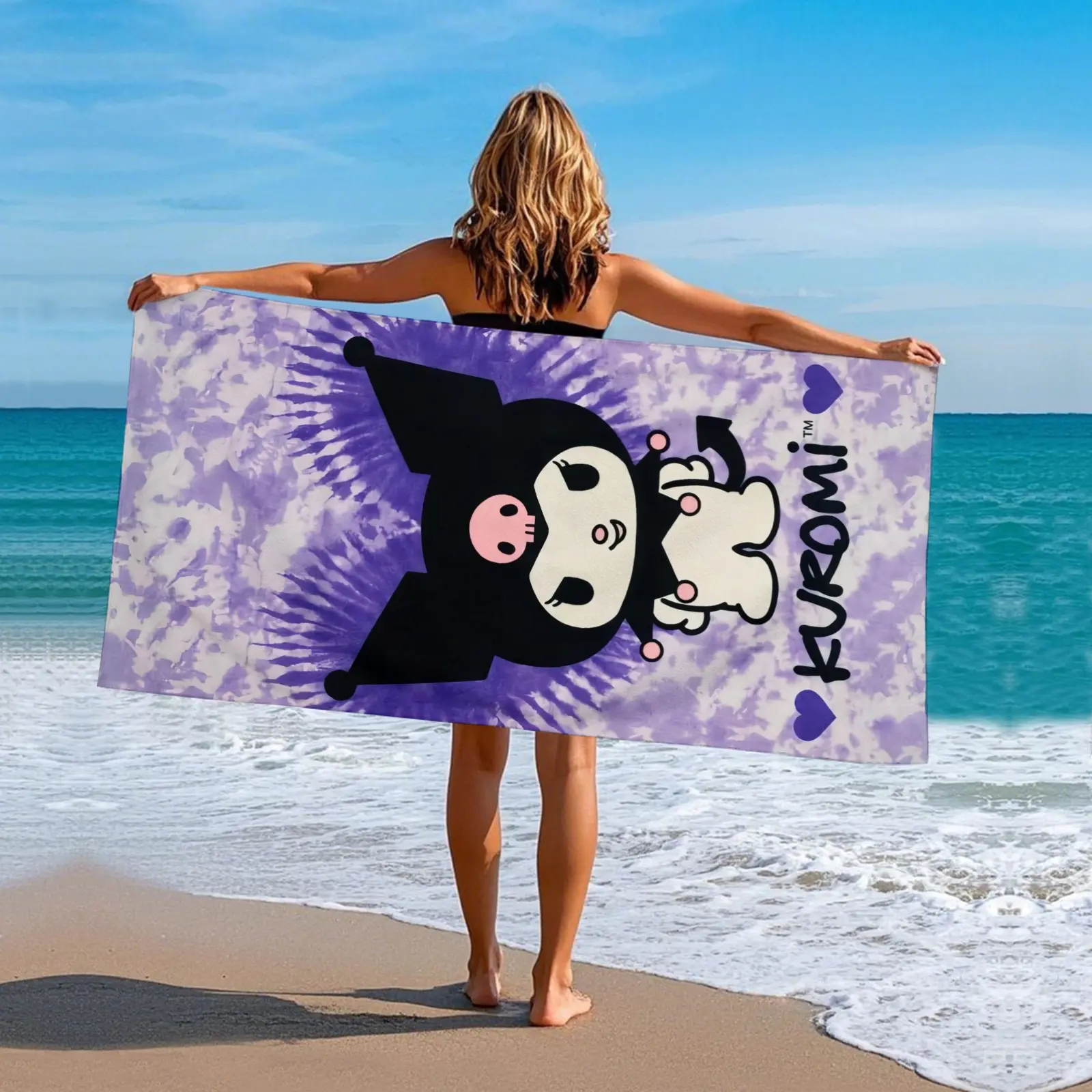 Sanrio Purple Tie Dye Kuromi Beach Blanket,Soft Quick Dry Beach Towel,Gifts For Teen Girls Collecting Kuromi Stuff