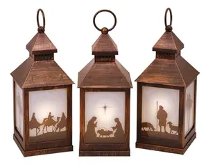 Nativity Silhouette Scene Flameless LED Holiday Candle Lanterns, 9.5 Inch, Set of 3, Antique Bronze