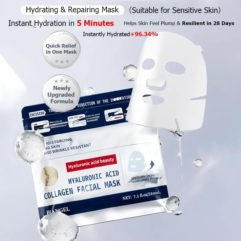 【HIANGEL】 Hyaluronic Acid Collagen Facial Mask, 5 Minutes Instant Hydrating Sheet Mask, Upgraded Moisturizing Anti-Wrinkle Repair Mask for Dry Sensitive Skin 210ml