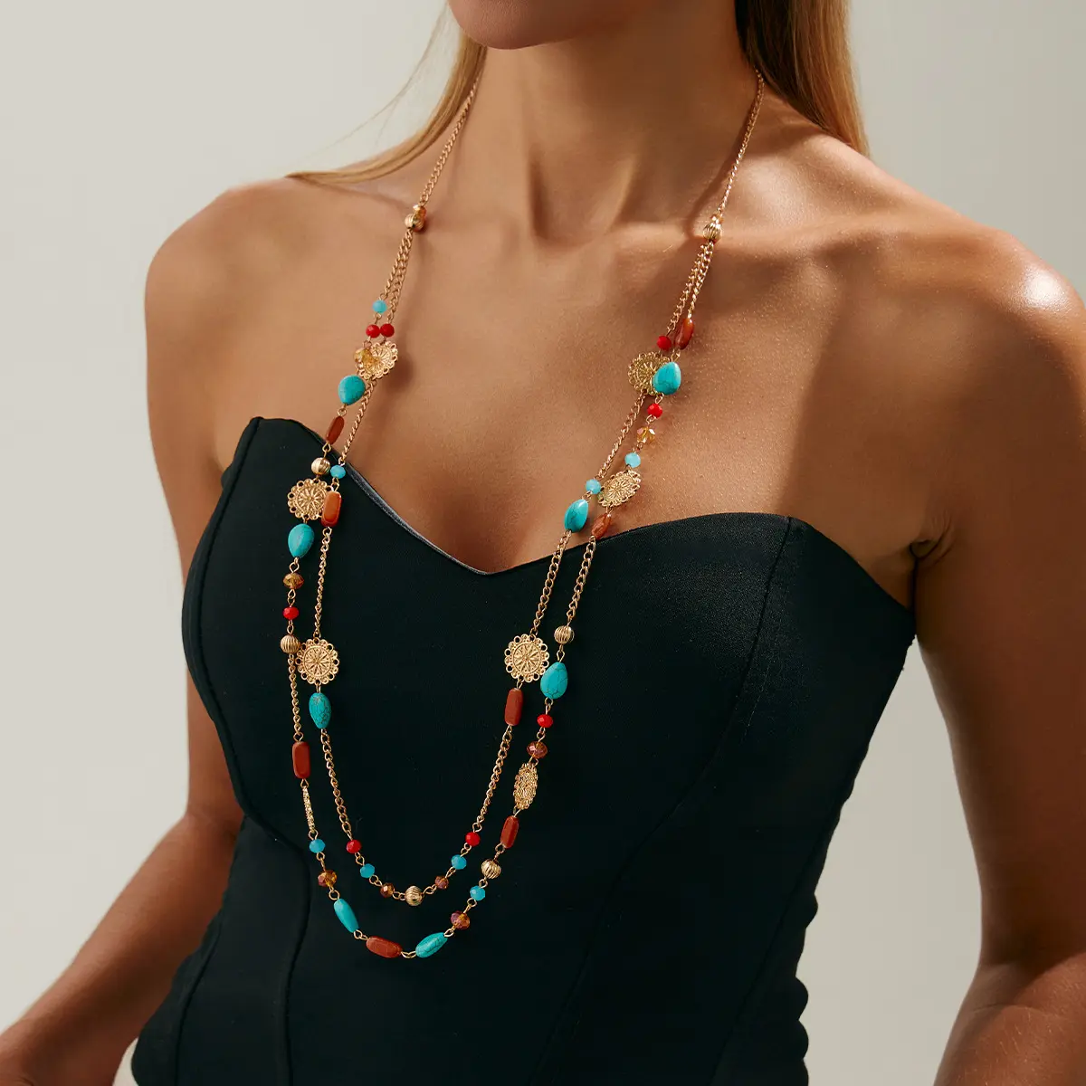 Gold/Silver Tone Alloy Sweater Necklace, Long Chain & Link with Flower Pendant, Imitation Pearl & Turquoise Beads, Accessories for Women