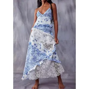 Women’s Summer Sleeveless Dress – Casual Floral Print, Lace Patchwork, Backless with Ruffles, Perfect for Parties, Beach, and Streetwear