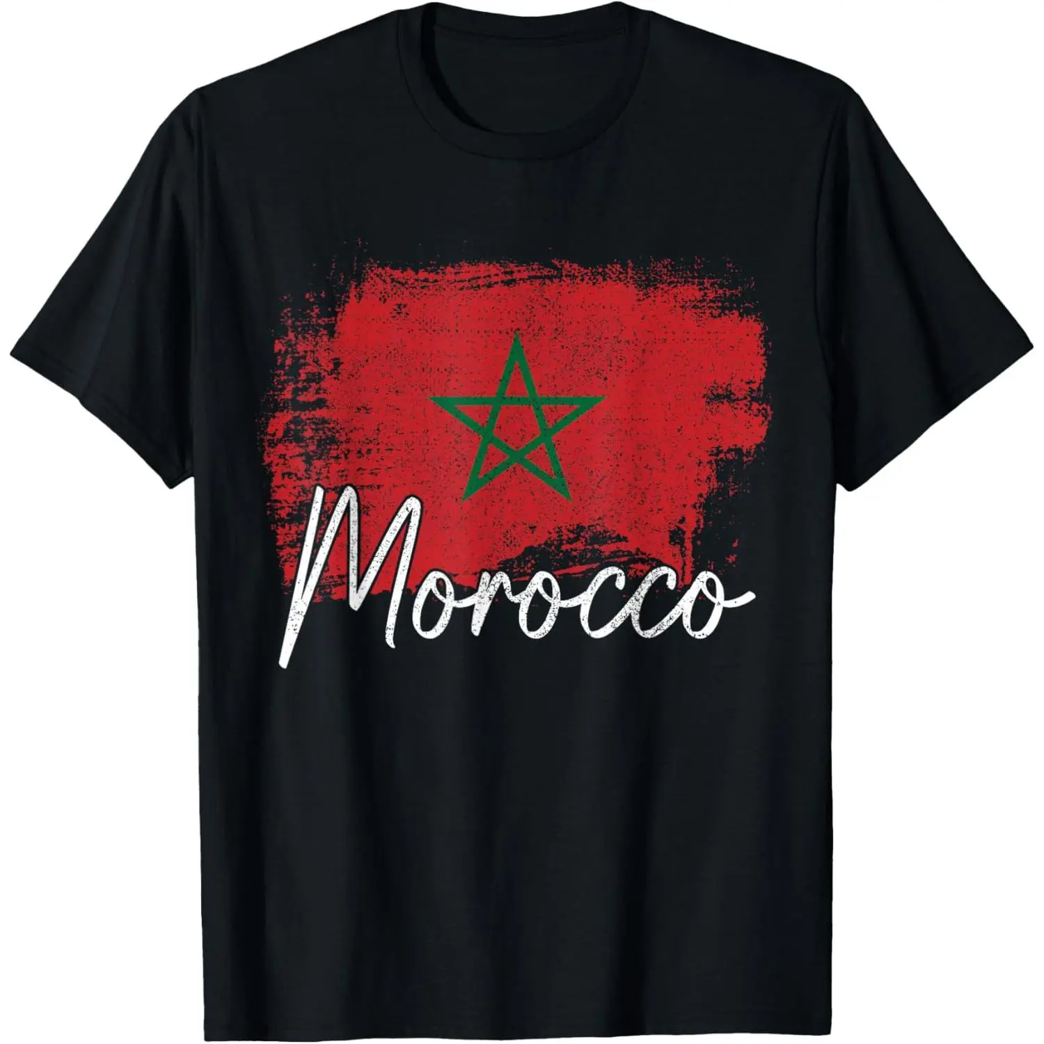 Women's Casual Cotton Short-Sleeve Distressed Graphic T-Shirt with Morocco Vintage Flag Design, Shortsleeve, Round Neck