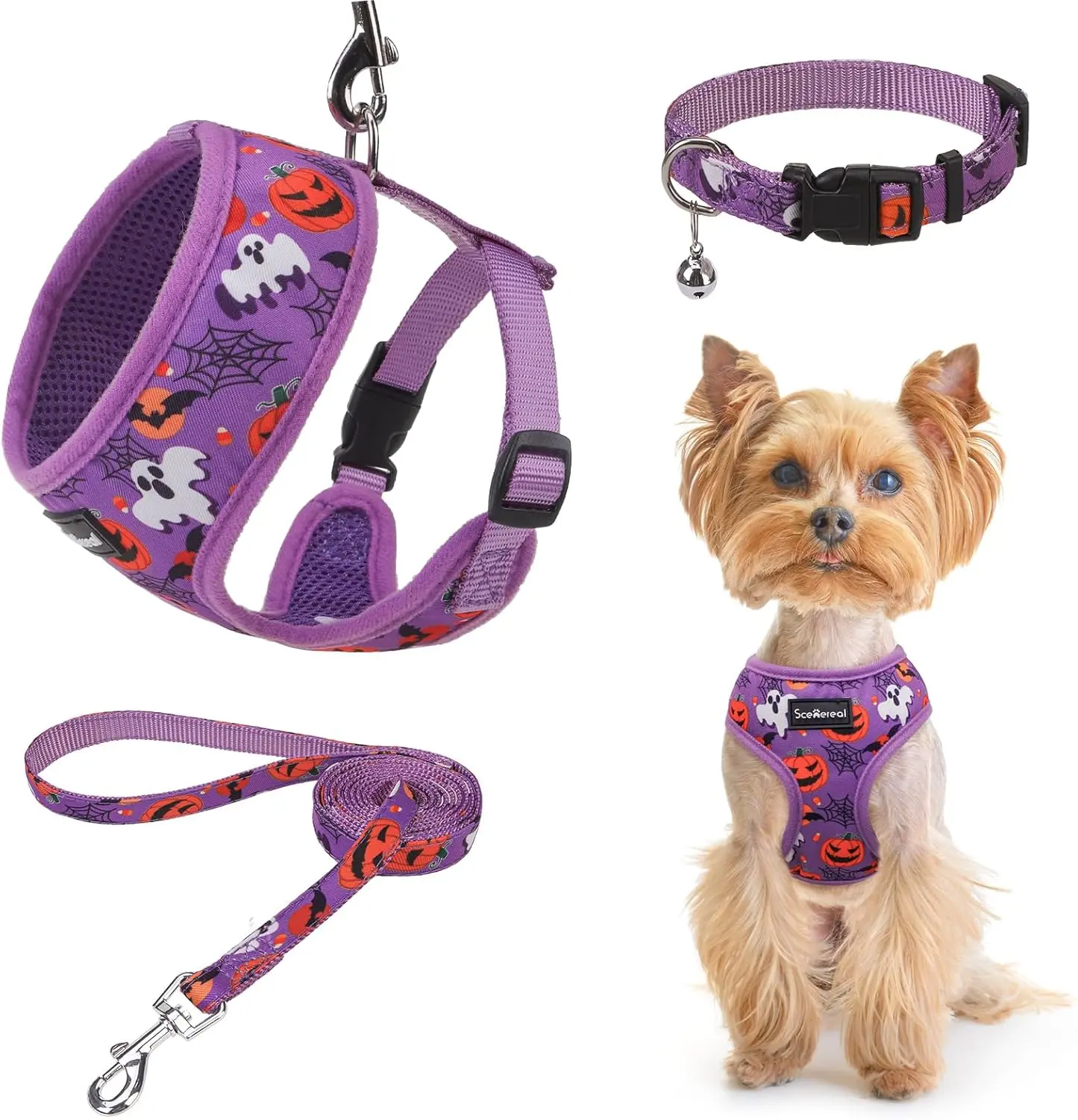 SCENEREAL Adjustable No-Pull Small Dog Harness Collar & Leash Set for Halloween Costumes dog harness ghost design small medium pet collar