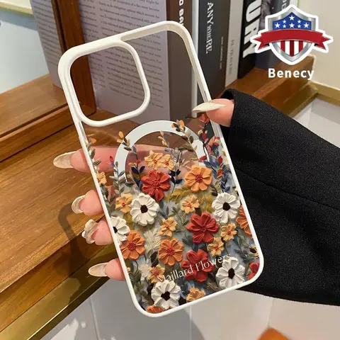 Floral Pattern Magnetic Soft TPU Silicone Cover for iPhone 11-17 Series, iPhone 15 Plus, Air, XR, XS Plus - Shockproof, Non-Slip, Transparent Acrylic Smartphone Case with Wireless Charging Support & Full Protection