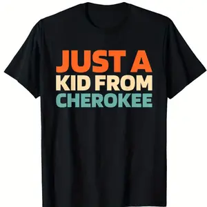 Just A Kid From Cherokee T-Shirt – Soft 100% Cotton Men's Casual T-Shirt, with Bold Letter Print, Black with Colorful Stripes, Sizes S-XXXL, Perfect for Casual Wear and Outdoor Activities Classic Cotton Tee Comfort Wear Casual Short-Sleeve Graphic Tees