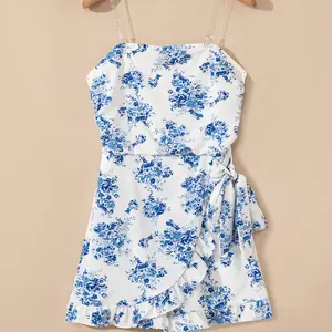 Sky Blue Floral Print Zipped Back Knot Waist Ruffle Hem Romper