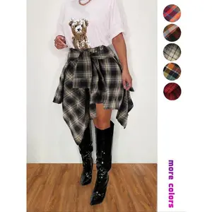 ??Personalized women's clothing??Women's Plaid Print Asymmetrical Hem Skirt, Casual Fashion Tie Front A Line Skirt for Daily Wear, Ladies Fall Clothes, Experimental Outfits, Preppy 80s Clothes Tweed Skirt, Going Out Bottoms, Summer Bottoms, Fitted