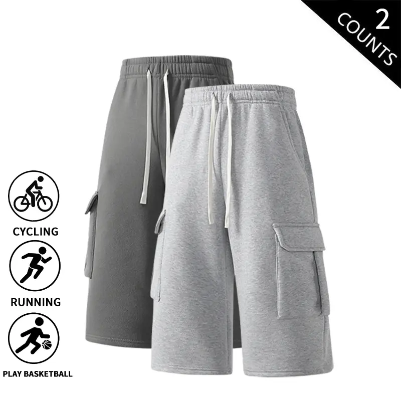 2-Pack Men’s Cargo Sweat Shorts, Loose Fit, 7" Elastic Waist with Drawstring, Casual Shorts with Pockets for Sports and Everyday Wear