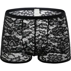 Men's Lace Boxer Briefs Underwear See Through Underpants Bulge Pouch Trunks- lace boxers at Transparent Mesh Shorts