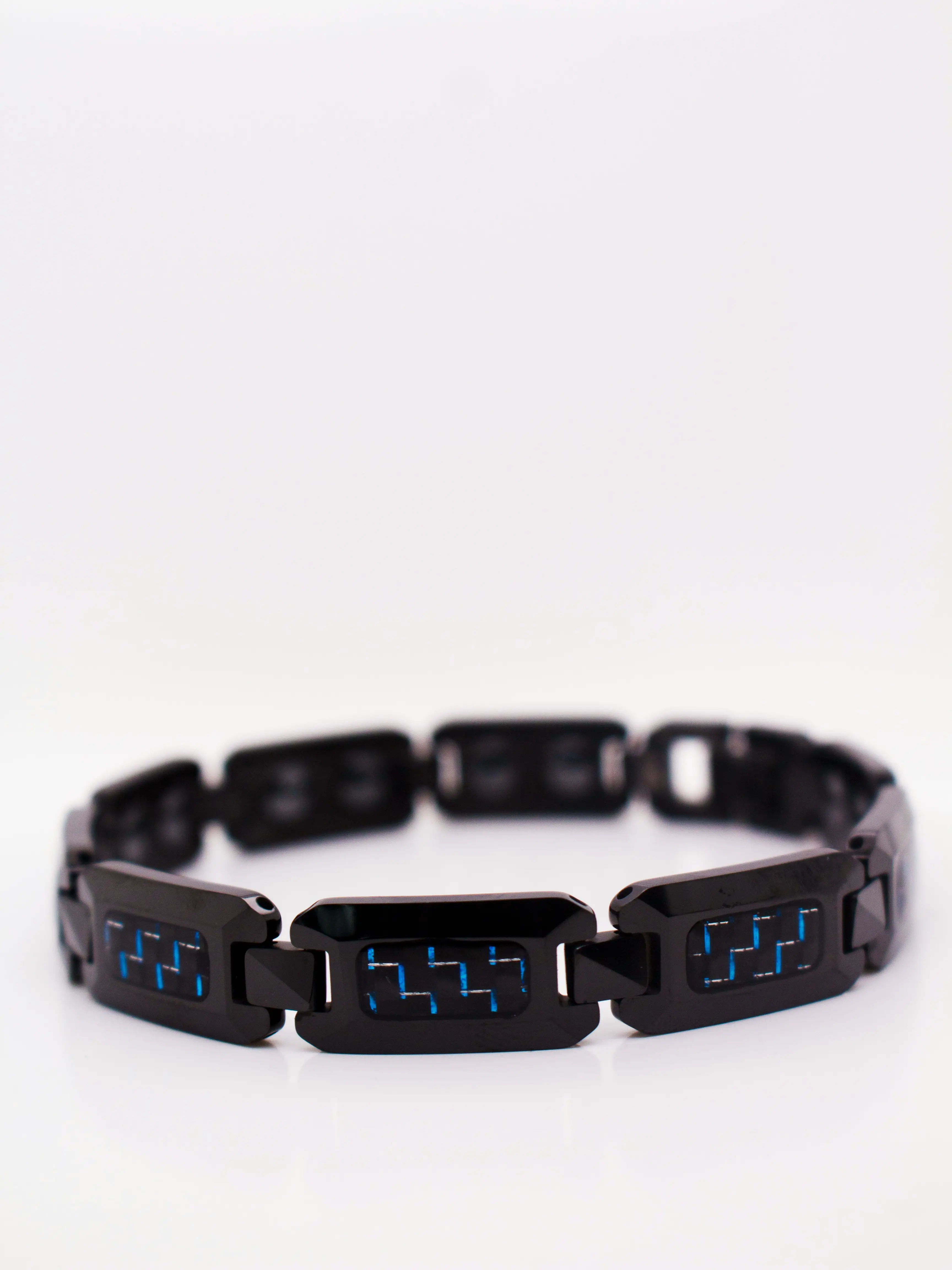 Unisex Geometric Casual Fashion Bracelet - Black with Electric Blue Carbon Fiber Details, Metal Coating, Tech Vibe, Auspicious Costume Jewelry Accessory, Elegant