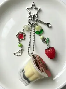 Japanese Pudding Keychain, Pink Yellow Egg Flan Charm, Y2K Heisei Retro Aesthetic Beaded Accessory