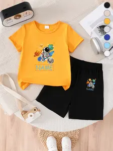 Boys Summer Set, Short Sleeve Tee & Loose Shorts, Fun Astronaut Moon Print, Vibrant Graphics, Bright Colors, Casual Wear for School & Outdoor Play