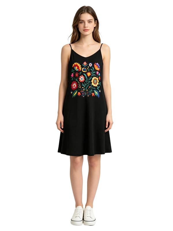 Women's Soft Solid A-Type Casual Cami Dress - Thin, High-Stretch Polyester-Elastane Knit, Boho Mexican Folk Floral Graphic, V-Neck Sleeveless Spaghetti Strap, Pull-On Fit, Black Party Summer Vacation Sundress
