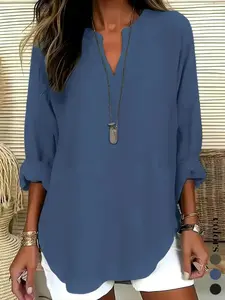 Women's Casual Loose Fit Long Sleeve V-Neck Shirt Blouse, Plain Color Drop Shoulder Design, Perfect for All Seasons, Stylish & Comfortable