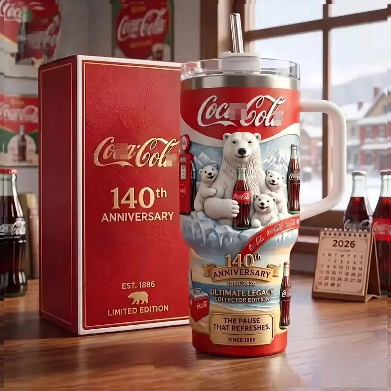 Coke Est 1886 Anniversary Tumbler, Retro CocaCola Soda Polar Bear Insulated Travel Mug with Handle, Ultimate Legacy 40oz Cup, Stainless Steel Hot Cold Leakproof Drinkware, Winter Christmas Holiday Road Trip Travel Cup, Novelty Nostalgic Collectible Gift