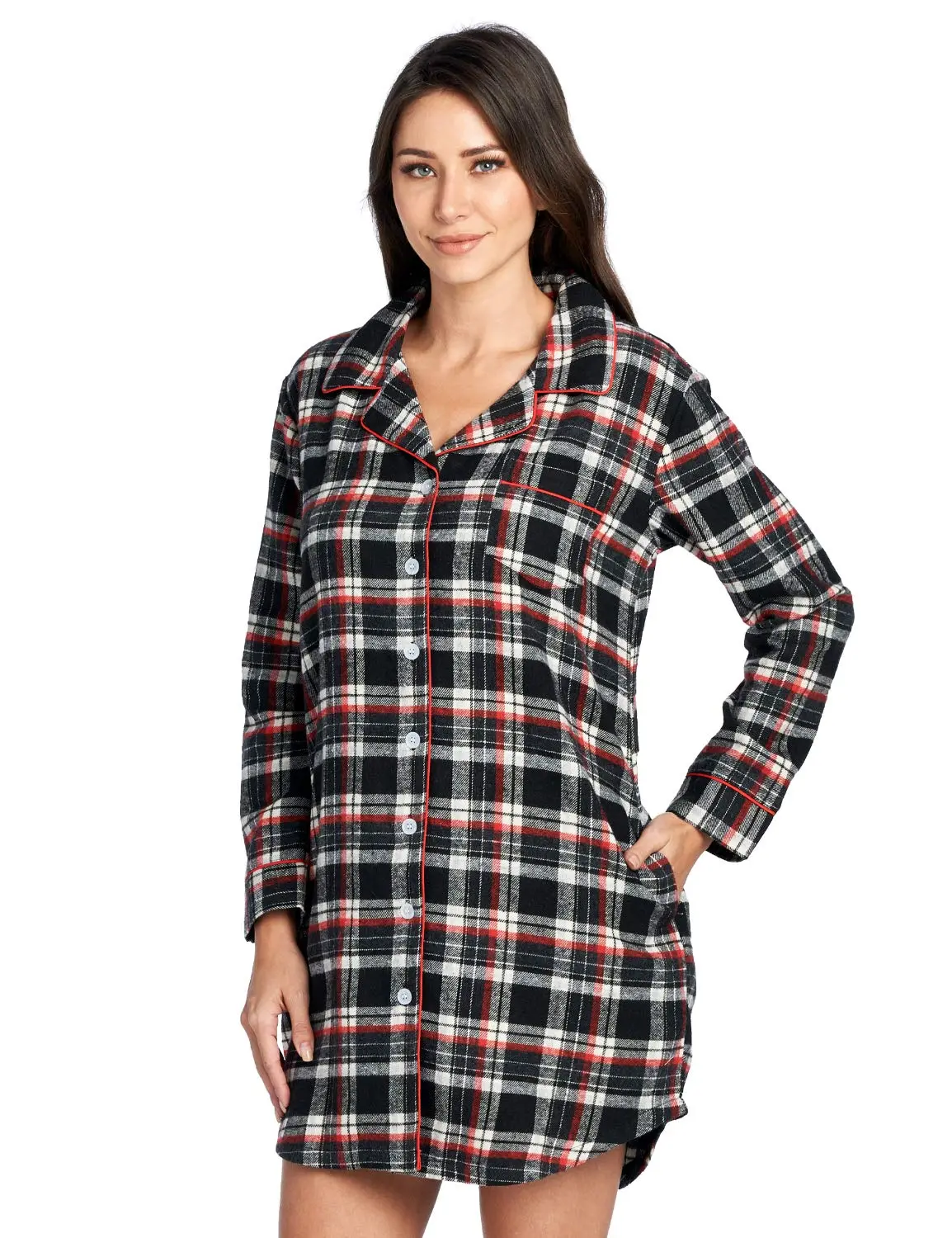 Ashford & Brooks Adults' Long Sleeve Flannel Plaid Button-Down Nightshirt - Cotton-Polyester Blend, Comfortable Boyfriend Style Everyday Fit Loungewear Shirt, Button-Down Front Closure, Minimize Shrinkage, Roomy, Patterned Flannel Nightshirts, Tops, Women