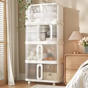 VUSIGN Stackable Storage Bins with Lid, 90 QT Collapsible Storage Box with Wheels, Plastic Clothes Storage Cabinet Containers for Home Organization, 360 QT Total, 4Pack, White