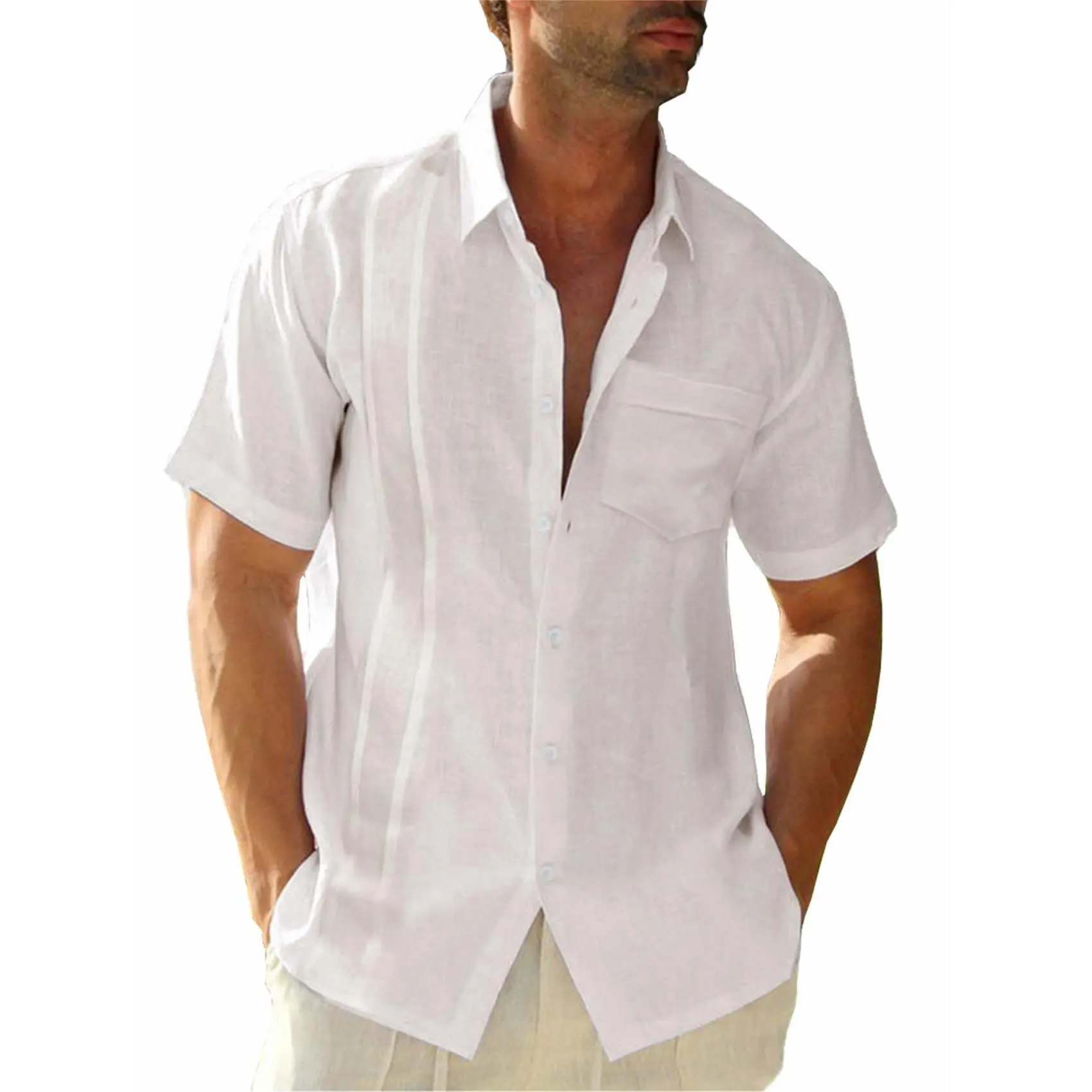 Imily Bela Mens Short Sleeve Cuban Camp Guayabera Shirt Linen Cotton Hippie Beach Button Down Shirts Vintage Tops Summer Clothes