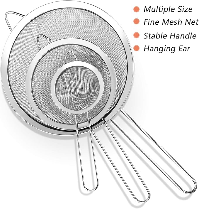 3Pcs Super Wire Extra Fine Mesh Strainer with Handle, Small Medium Large Size Sifter Metal Strainer 3Pcs Super Wire Extra Fine Mesh Strainer with Handle, Small Medium Large Size Sifter Metal Strainer
