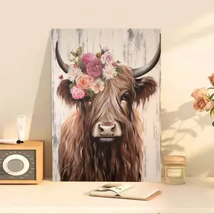 [12x16 Cow Canvas Wall Art] 1pc Highland Cow Canvas Wall Art, Rustic Farmhouse Unframed Floral Cow Print for Home, Bedroom, Kitchen, Living Room, Bathroom, Cafe, Office Decor, 12x16 inches