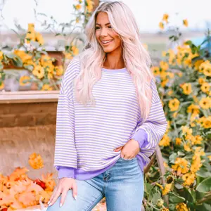 Dear-Lover Stripe Print Crew Neck Drop Shoulder Long Sleeve Loose Casual Top For Women's Dailywear