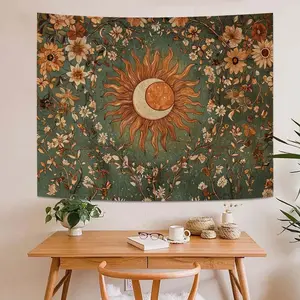 Sun and Moon Tapestry Vintage Bohemian Pattern Tapestry, Polyester Fiber Wall Decoration, Background Cloth, Wall Carpet, Suitable for Birthday Parties, Living Rooms, Bedrooms, Indoor and Outdoor Event Atmosphere Decoration, Paired with Accessories