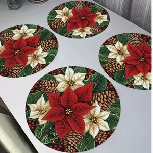Set of 4 Red & White Poinsettia & Pine Cone Fabric Round Placemats - Non-Slip Heat-Resistant 15-Inch Christmas Table Mats, Hand Washable Holiday Dining Decor with Green Foliage & Golden Centers for Festive Kitchen & Party Settings Floral Pattern Placemat
