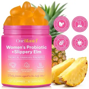 OneBfaniel Women's Probiotic + Slippery Elm Tropical Hawaiian Pineapple Gummies Vegan Gluten-Free Allergen-Free 60 Gummies 30 Servings.