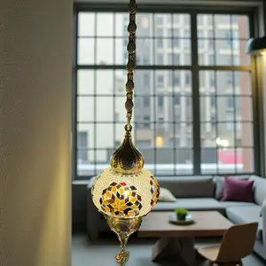 Handmade Turkish Mosaic Lamp - Pendant Antique Brass with White & Brown Star Design