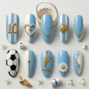 Argentina Soccer Press On Nails 3D Football Festival Fan Light Blue White Stripes Soccer Festival
