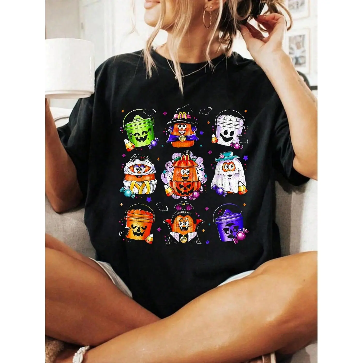 Women's 100% Cotton 90's Vintage Halloween Graphic T-Shirt - Casual Tops with Chicken Nuggets & Pumpkin Prints