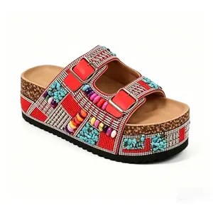 Viral Red Boho Multicolor Beaded Rhinestone Slides, Womens Sparkly Platform Sandals with Adjustable Buckles, Summer Beach & Street Style Footwear