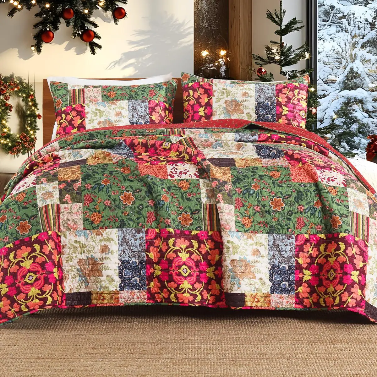 Floral Patchwork Bedspread Coverlet, 2/3 Counts Including 1 Count Bedspread Duvet Cover & 1/2 Counts Pillowcases without Filler, Bedding Set for Home