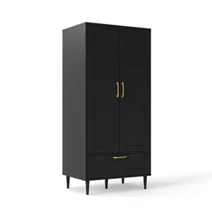 Black Armoire Wardrobe Closet with Hanging Rod & Drawer, Modern Wood Storage Cabinet for Bedroom, Minimalist Clothing Organizer for Small Spaces, Apartment Essentials