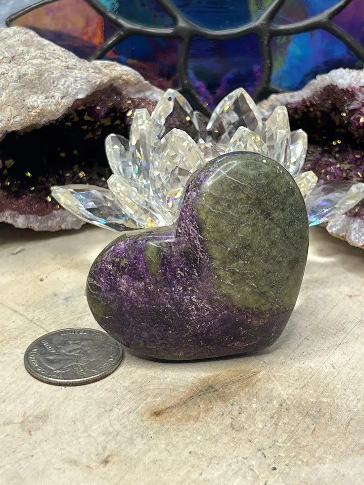 Atlantisite Hearts - Unique 1.9-3.3 Ounce Stitchite in Serpentine Gemstone Heart - Natural Variations in Gemstones - Nature's Artistry Connection